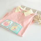 Short-sleeve Cartoon Print Polo Shirt Pink - One Size