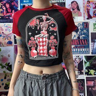 Short Raglan Sleeve Skull Print Crop Top