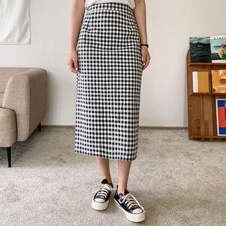 Band-waist Slit-back Gingham Skirt