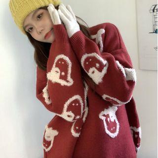 Long Sleeve Round Neck Sweater Red - One Size