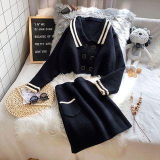 Set: Double-breasted Collared Sweater + Knit Skirt