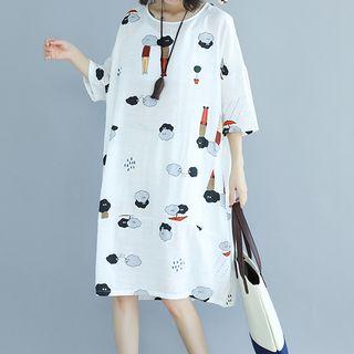 Printed Elbow-sleeve Midi A-line Dress White - One Size