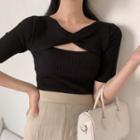 Short Sleeve Knotted Cutout Knit Top
