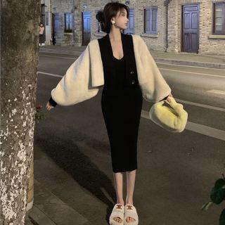 Cropped V-neck Cardigan / Sleeveless Midi Sheath Dress / Set