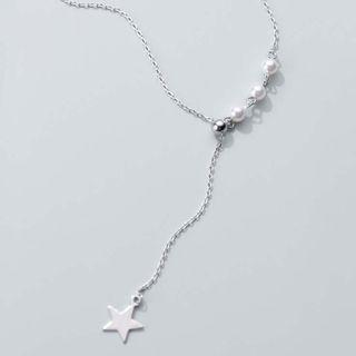 925 Sterling Silver Faux Pearl Star Y Necklace S925 Silver - Necklace - Silver - One Size