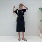 Letter-printed Slit-back Long Dress