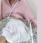Plain Long-sleeve Loose-fit Shirt / Plain Pleated Skirt