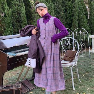 Plain Oversize Blazer / Turtleneck Long-sleeve T-shirt / Plaid Midi Jumper Dress