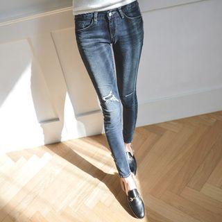 Brushed-fleece Lined Distressed Skinny Jeans