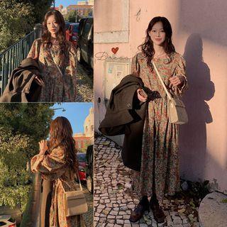 Long-sleeve Floral Print Midi A-line Dress Red Flower - Khaki - One Size