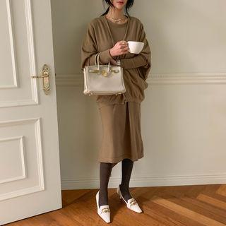 Dolman-sleeve Cardigan & Dress Knit Set Dark Beige - One Size