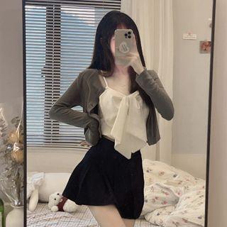 Plain Cardigan / Bow Camisole Top / A-line Skirt