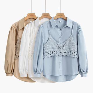 Set: Long-sleeve Shirt + Spaghetti Strap Knit Lace Top