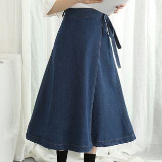 Midi A-line Wrap Denim Skirt