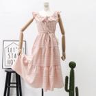 Ruffled-neckline Checked A-line Dress