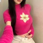 Set: Short-sleeve Mock-neck Jacquard Knit Crop Top + Arm Sleeves Pink - One Size