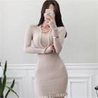 Frill-hem Rib-knit Bodycon Dress