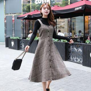 Mock-turtleneck Knit Top / Plaid A-line Midi Pinafore Dress / Set