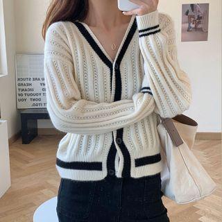 Contrast Trim V-neck Knit Cardigan / Straight-cut Dress Pants
