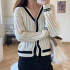Contrast Trim V-neck Knit Cardigan / Straight-cut Dress Pants
