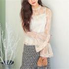Tie-neck Flare-cuff Sheer Lace Blouse