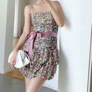 Spaghetti Strap Floral Shirred Chiffon Mini Dress