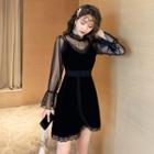 Set: Striped Long-sleeve Mesh Top + Lace Trim Pinafore Dress