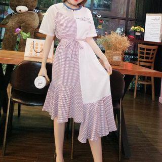 Mesh Panel Plain Long-sleeve Dress