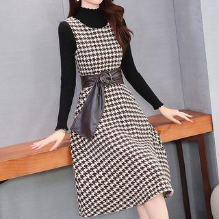 Set: Mock-neck Long-sleeve Knit Top + Houndstooth Sleeveless A-line Dress