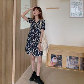 V Neckline Floral Puff-sleeve Dress Navy Blue - One Size
