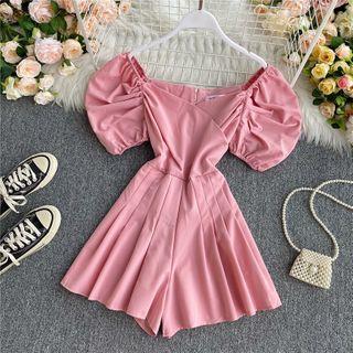 Puff Short-sleeve Pleated Playsuit