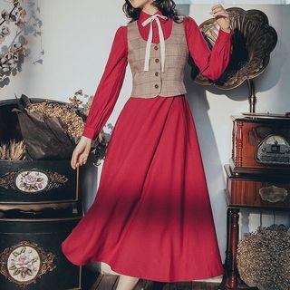Set: Plaid Vest + Long-sleeve Pintuck Midi Shirt Dress