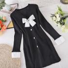 V-neck Bow Slit Color Block Knit Dress Black - One Size