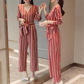 Long-sleeve Striped Wide Leg Jumpsuit