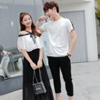 Couple Matching Short-sleeve Contrast Trim T-shirt / Cold-shoulder Midi Chiffon Dress