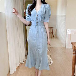 Buttoned Denim Long Mermaid Dress Light Blue - One Size