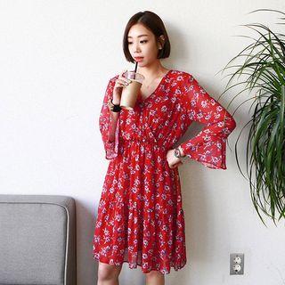 Tall Size Gathered-waist Floral Chiffon Dress