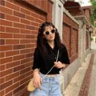 Collared Short-sleeve Crop Shirt Black - One Size