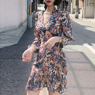 Long-sleeve Floral Print Mini A-line Dress Floral Print - Blue - One Size