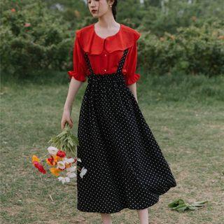 Set: 3/4-sleeve Frill Trim Blouse + Dotted Suspender Midi Skirt