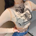 Long-sleeve Dragon Print Cropped Mesh T-shirt