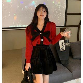 Long-sleeve Bow Knit Top / Mini A-line Skirt