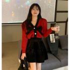 Long-sleeve Bow Knit Top / Mini A-line Skirt