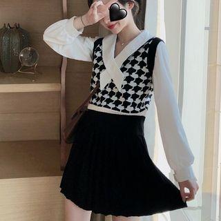Patterned Knit Vest / Tie-neck Blouse / Mini Pleated Skirt