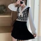 Patterned Knit Vest / Tie-neck Blouse / Mini Pleated Skirt