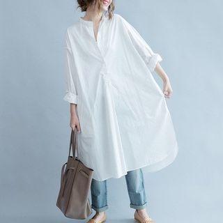 Long-sleeve Open-placket Midi Shift Dress