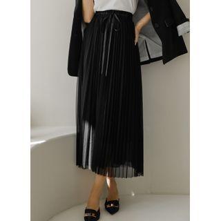 Tie-waist Mesh Long Pleated Skirt