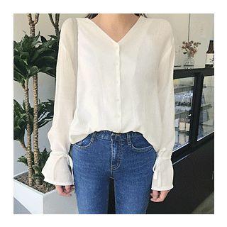 V-neck Bell-sleeve Sheer Blouse