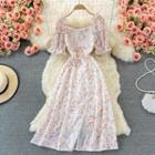 Puff Sleeve Floral Print Slit Chiffon Dress