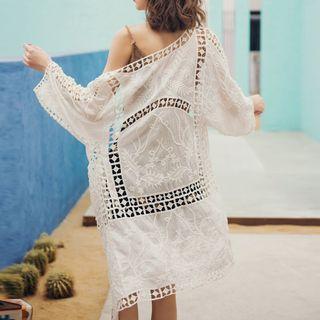 3/4-sleeve Perforated Long Light Jacket White - One Size